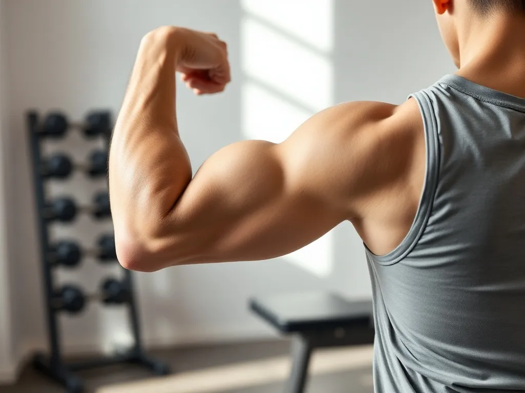 Zgięte ramię ukazujące wyraźnie zarysowany mięsień trójgłowy w nowoczesnym, neutralnym studiu fitness.