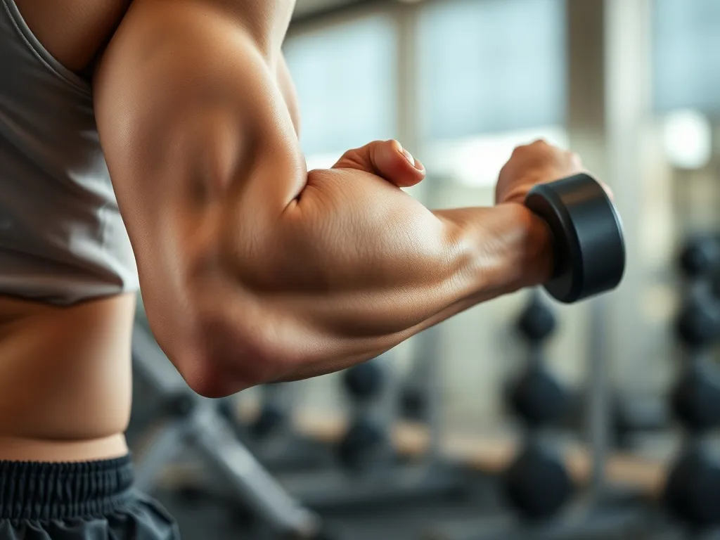 Ugięte ramię z hantlą pokazujące pracujące mięśnie jako przykład skurczu izotonicznego w neutralnej pozie sportowej.