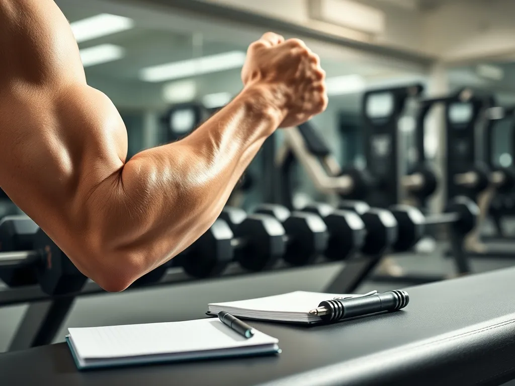 Ugięty, umięśniony biceps w nowoczesnej siłowni, na ławce hantle i notes treningowy podkreślające planowanie serii.