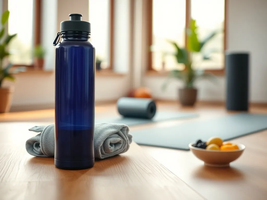 Bidon, ręcznik i miska owoców na ławce w spokojnej sali fitness, symbolizujące regenerację po treningu.