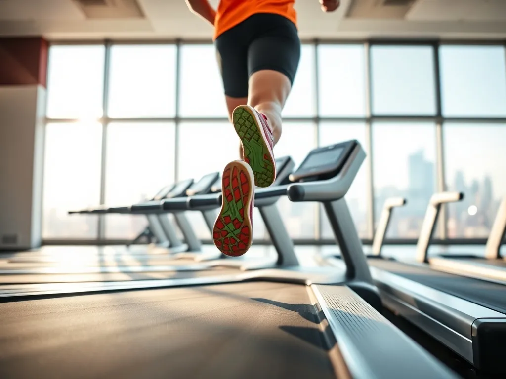 Bieg na bieżni w nowoczesnej siłowni, dynamiczny ruch nóg i kolorowe buty podkreślają energię treningu cardio.
