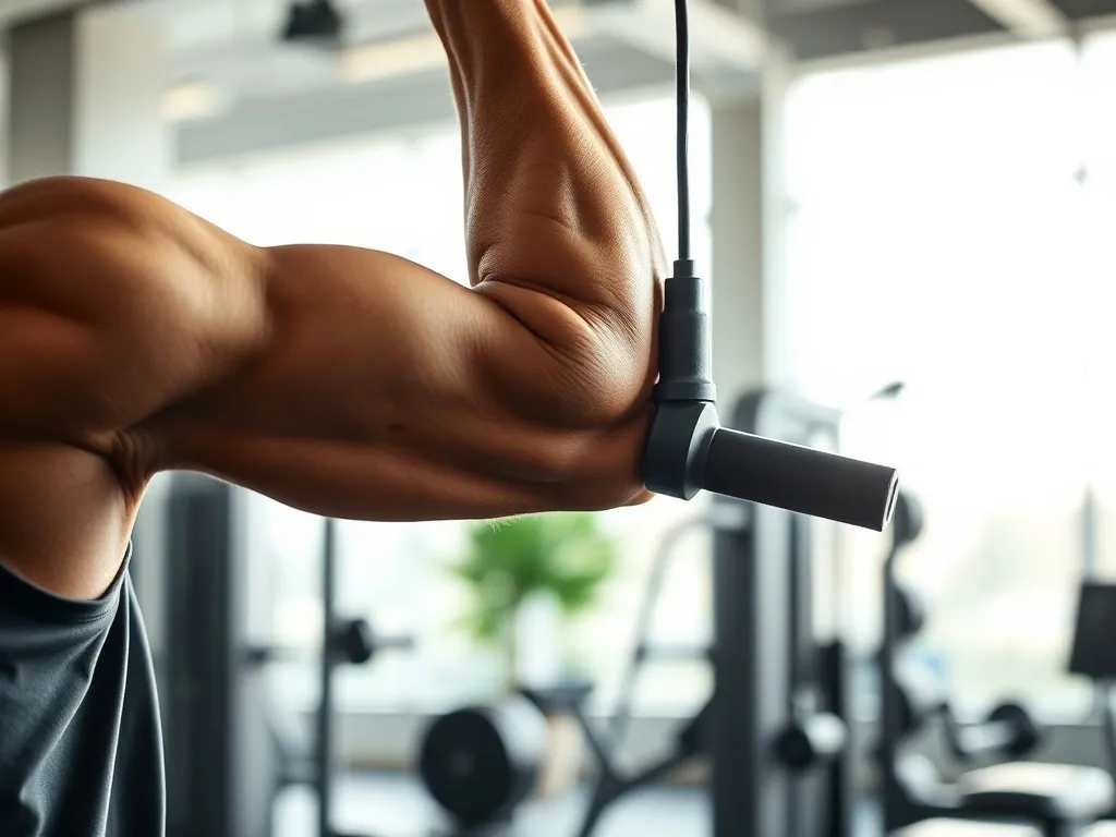 Zbliżenie na wykonywanie wyprostu na triceps na wyciągu, podkreślające pracę mięśnia i technikę ćwiczenia w jasnej siłowni.