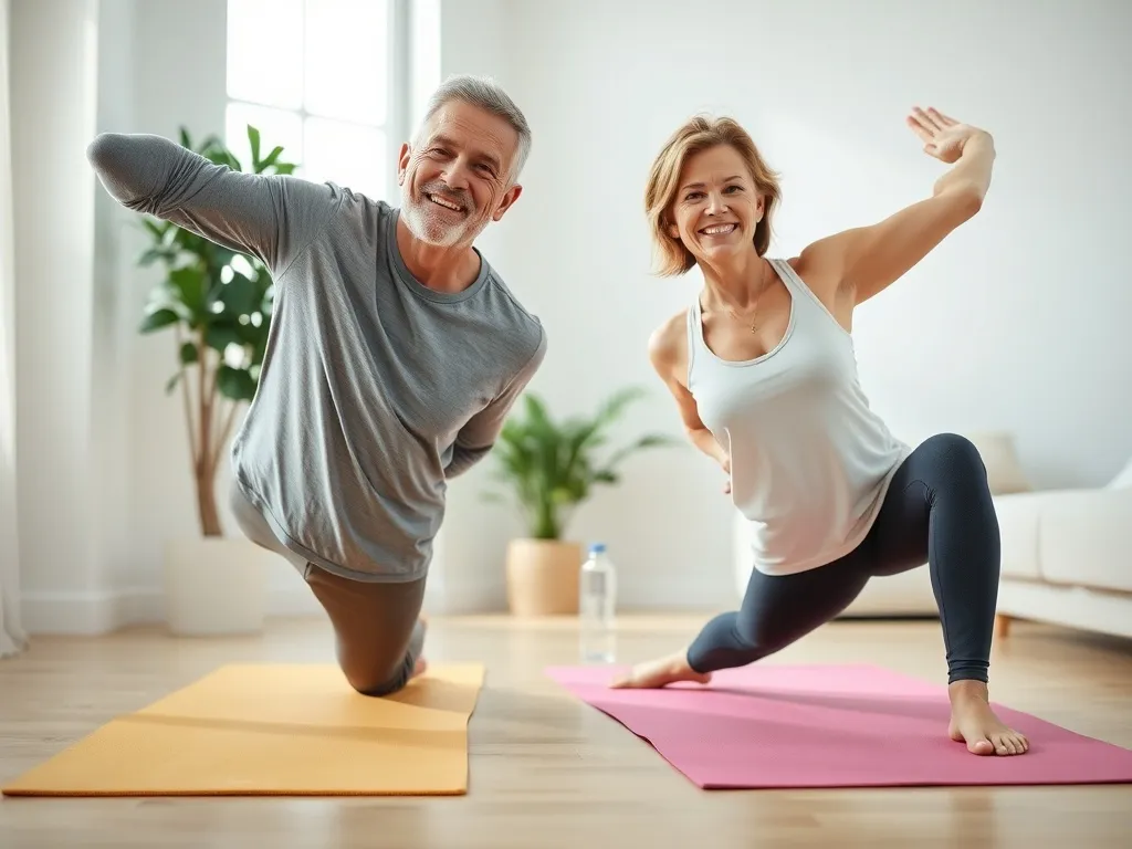 Para wysportowanych 50-latków wykonuje lekkie rozciąganie w jasnym salonie, podkreślając bezpieczny trening w domu.