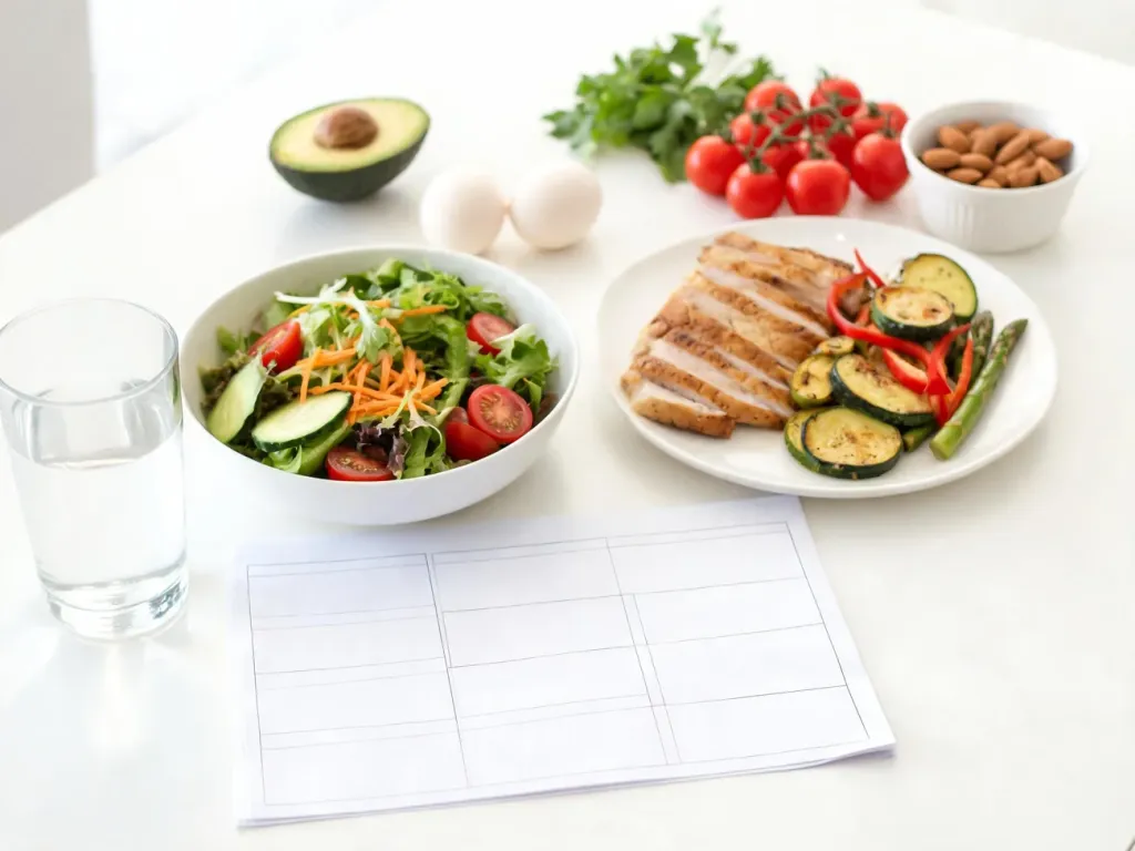 Tygodniowy planner posiłków low carb na jasnym stole z sałatką, kurczakiem i świeżymi, zdrowymi składnikami w tle