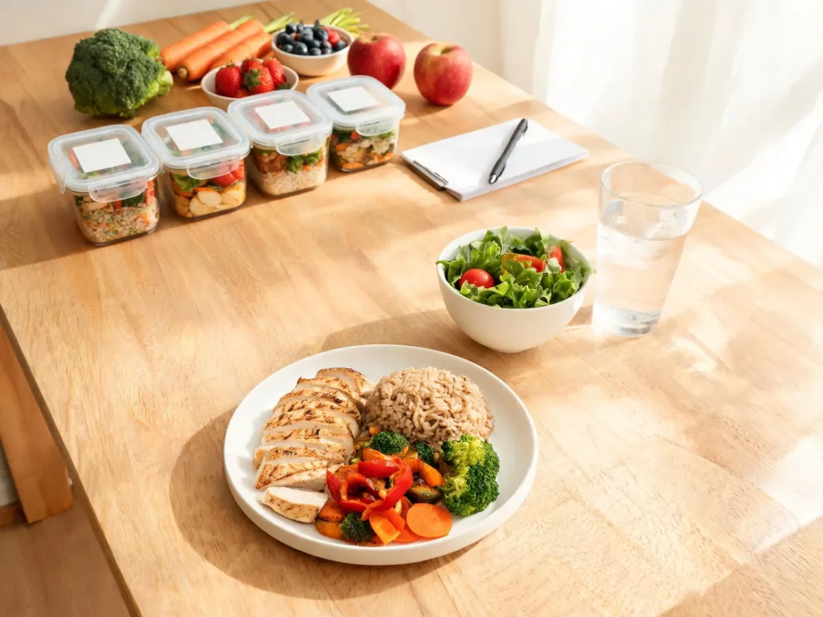 Tygodniowy meal prep do diety 1600 kcal: grillowany kurczak, brązowy ryż, warzywa, sałatka i porcje w szklanych pojemnikach.