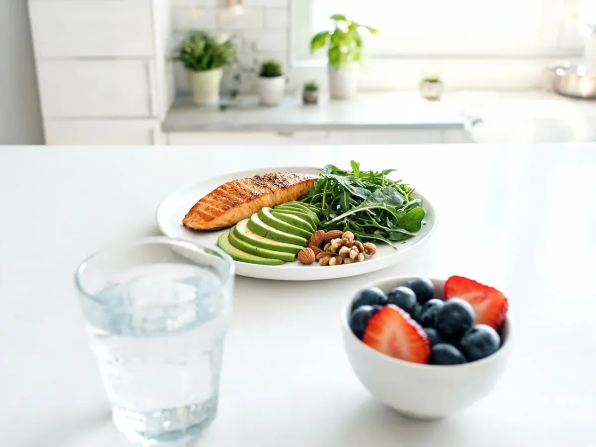 Ketogeniczny posiłek 1500 kcal: łosoś z awokado, sałatą, orzechami i jagodami na jasnym, minimalistycznym stole.