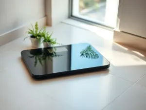 Mężczyzna w średnim wieku przyjmujący tabletkę z wodą w jasnym, nowoczesnym salonie.