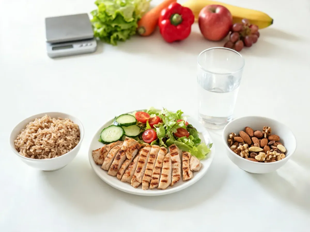 Lekki posiłek 1200 kcal: grillowany kurczak, sałatka, brązowy ryż, orzechy i woda jako przykład zdrowego jadłospisu.