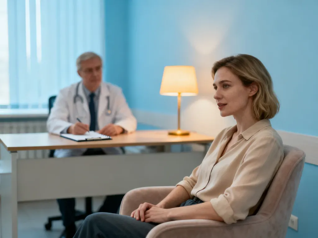 Pacjentka podczas spokojnej rozmowy z lekarzem w przytulnym, profesjonalnym gabinecie psychiatrycznym.