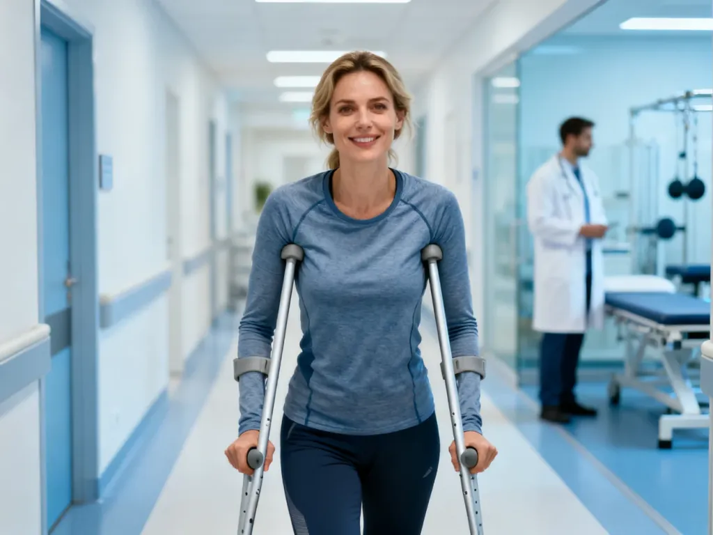 Pacjentka po operacji biodra pewnie porusza się o kulach po szpitalnym korytarzu, symbolizując udaną rehabilitację.