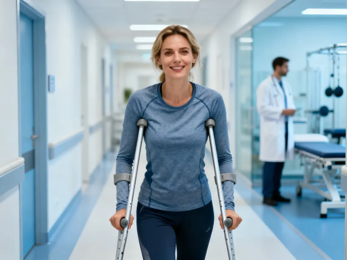 Pacjentka po operacji biodra pewnie porusza się o kulach po szpitalnym korytarzu, symbolizując udaną rehabilitację.