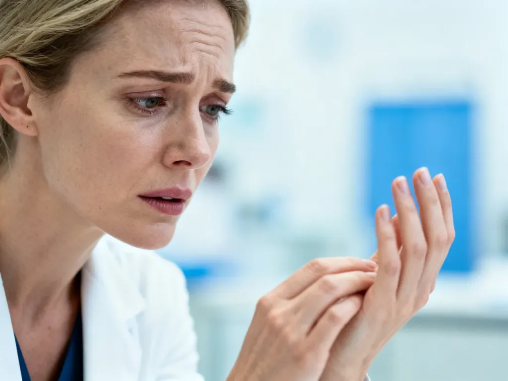 Zaniepokojona kobieta oglądająca swoje dłonie w gabinecie lekarskim, co sugeruje diagnostykę łuszczycowego zapalenia stawów.