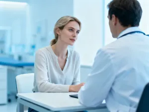 Szklana fiolka z czerwoną cieczą na stole w laboratorium medycznym, symbolizująca badanie krwi.
